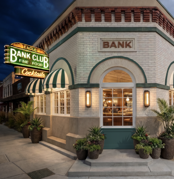 Architectural rendering of Eagle Bank Club at dusk, with its neon sign and arched windows